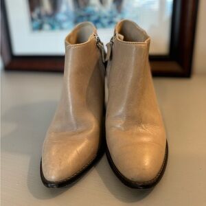 Elisabeth and James taupe wooden heeled booties, size 9B